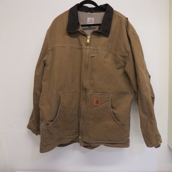 Carhartt Sherpa Lined Duck Jacket Woven Ribbed Cuffs w/Waist Draw String Sz XL.